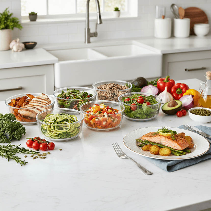 Colorful healthy meal prep containers with grilled chicken, vegetables, and quinoa