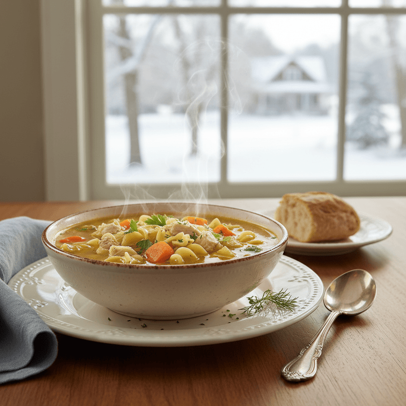 Steaming bowl of French onion soup with melted cheese