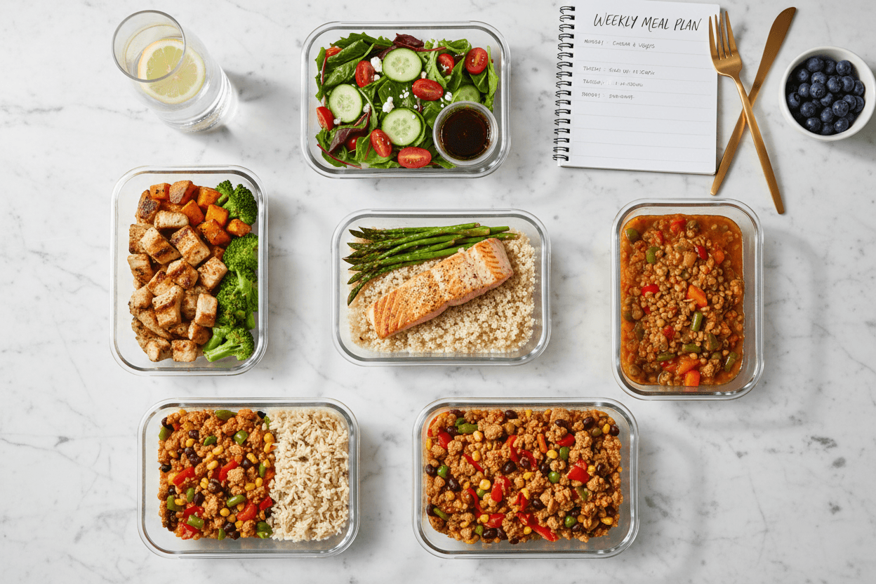 Week meal planning calendar with prepared meals