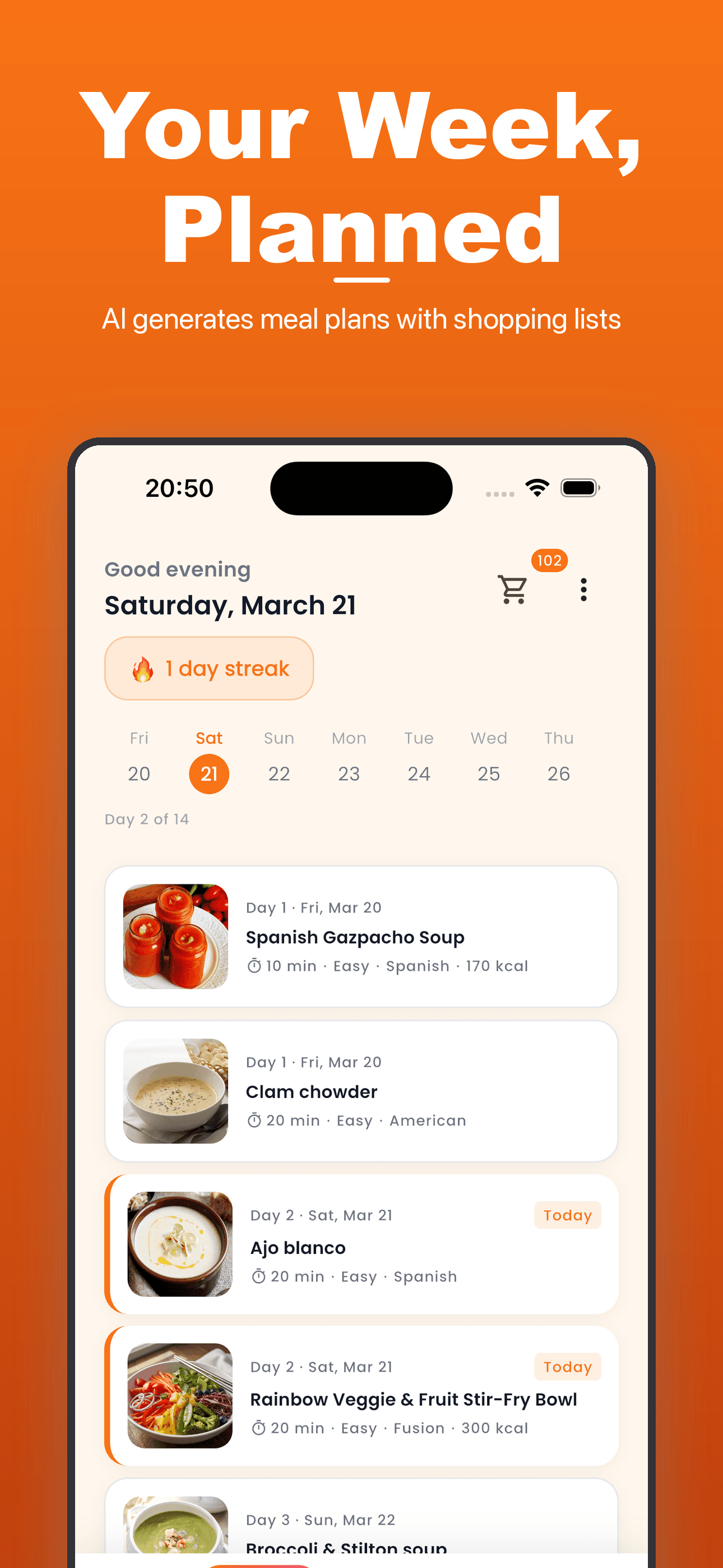 Weekly meal plan with shopping list