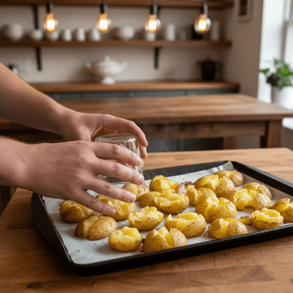 Smashing boiled potatoes with a glass