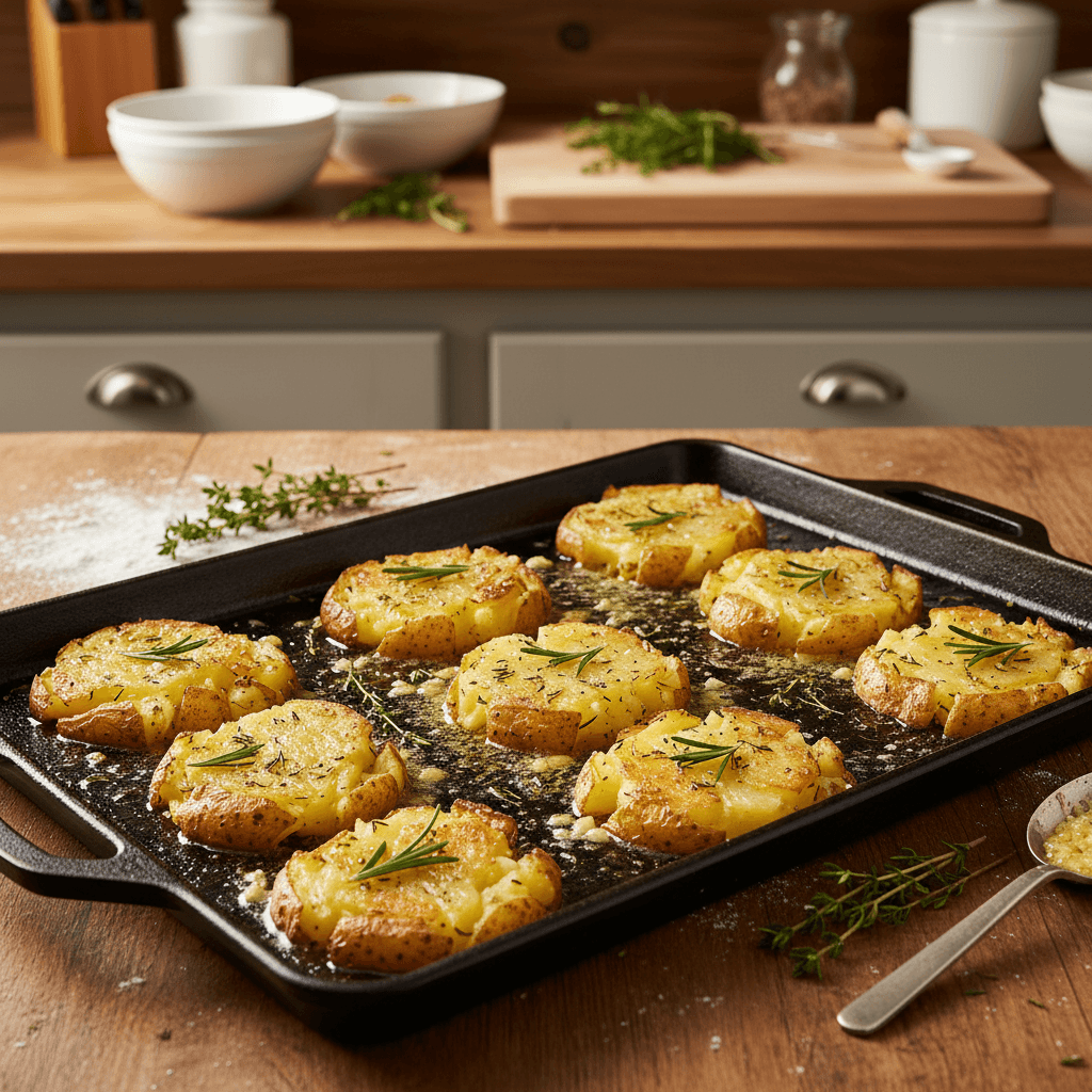 Potatoes brushed with garlic butter before roasting