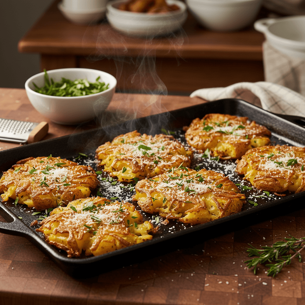Golden crispy smashed potatoes fresh from oven