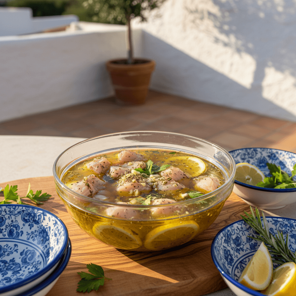 Chicken cubes marinating in lemon-herb mixture