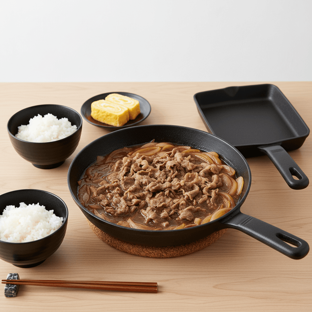 Thin beef slices simmering in sweet sauce