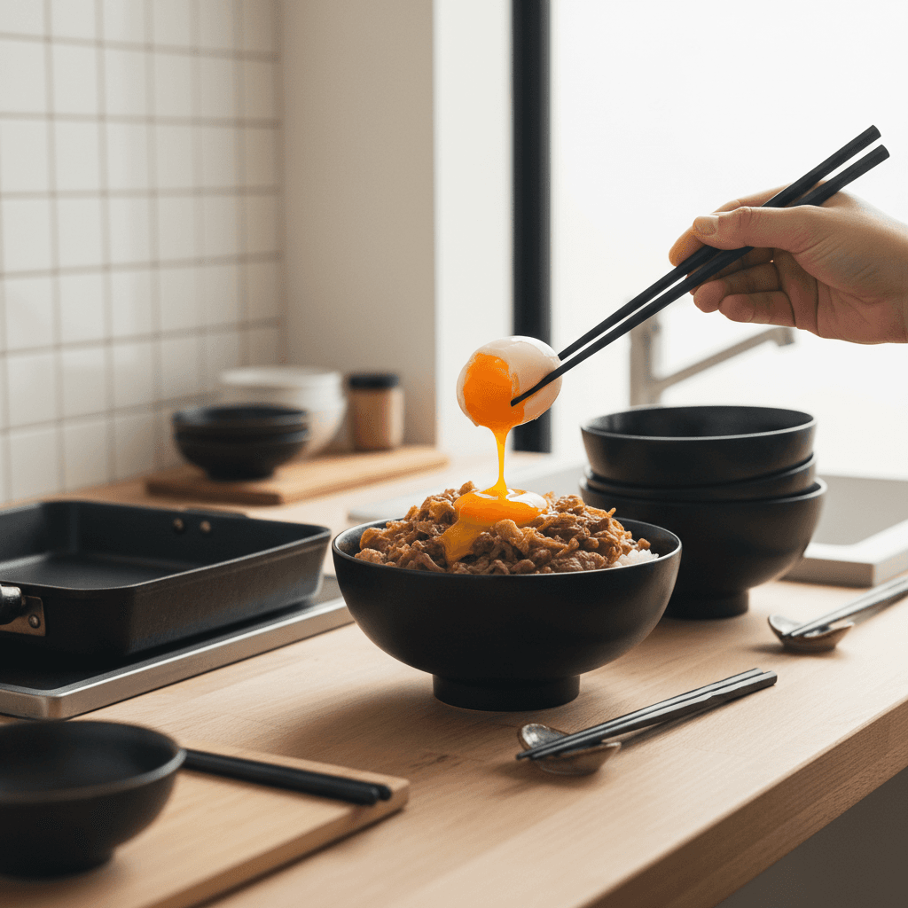 Cracking onsen egg over gyudon bowl