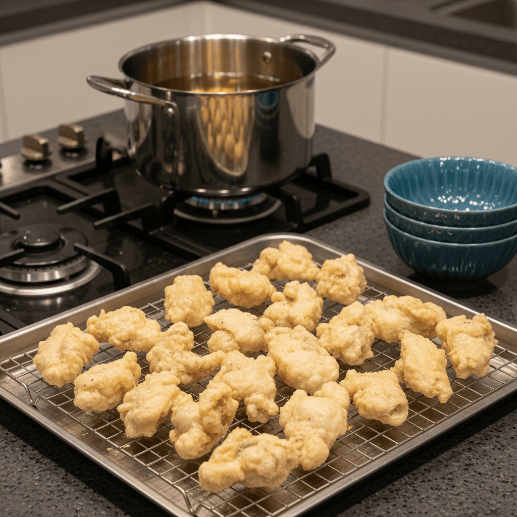 Light golden chicken after first fry