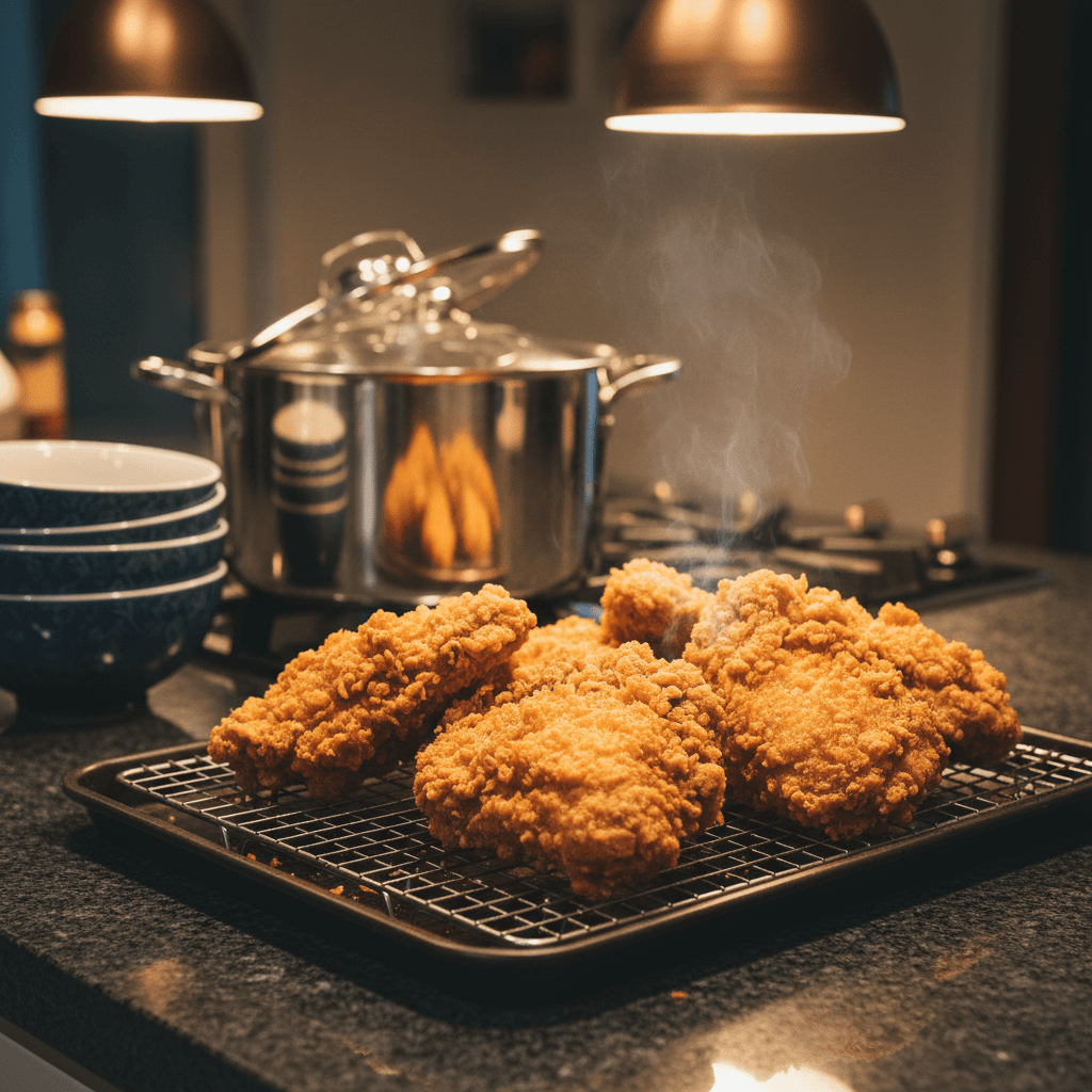 Deep golden crispy chicken after second fry