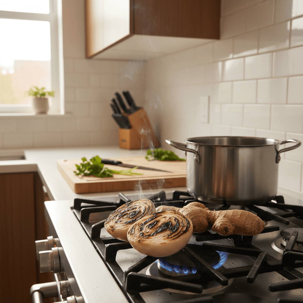 Charred onion and ginger with blackened spots