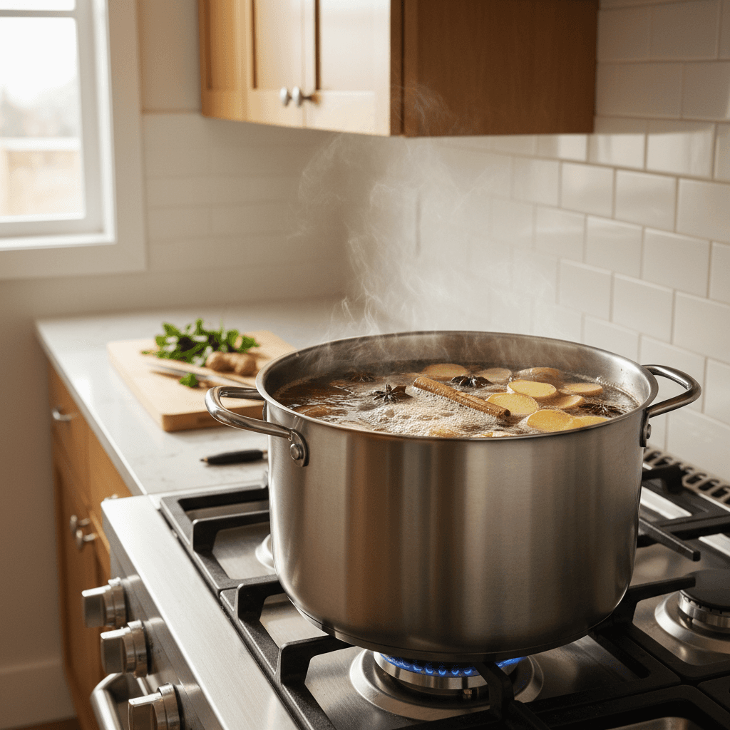 Gentle simmering broth with aromatics