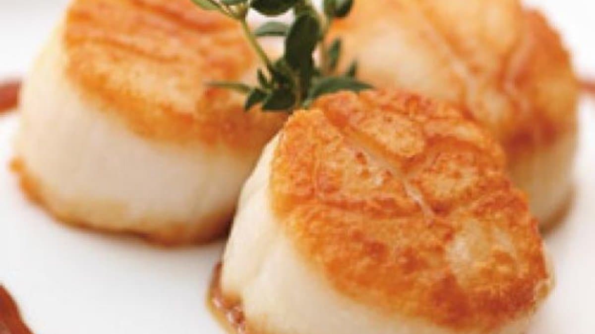 Pan Seared Fresh Maine Diver Scallops Creamy Avocado Champagne Grape Salad Teriyaki Cabernet Butter Sauce